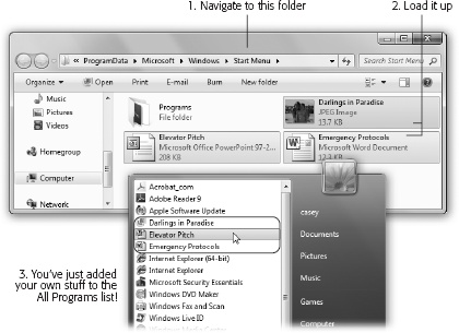 To edit your All Programs menu, edit its source folders.To begin, open the Start menu and right-click All Programs; from the shortcut menu, choose either Open All Users (to view the list of programs for the masses) or Open (to see the list of your personal programs). Those commands take you directly to the deeply buried Programs folders described above.