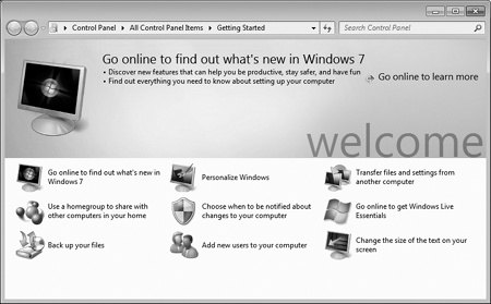 Getting Started offers links to various useful corners of the operating system. Most are designed to help you set up a new PC. (Click once to read a description, and then double-click to open the link.)
