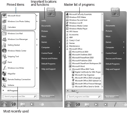 Left: The Start menu’s top-left section is yours to play with. You can “pin” whatever programs you want here. The lower-left section lists programs you use most often. (You can delete items here but you can’t add things or rearrange them.) The right column links to important Windows features and folders.Right: The All Programs menu replaces the left column of the Start menu, listing all your software. You can rearrange, add to, or delete items from this list.