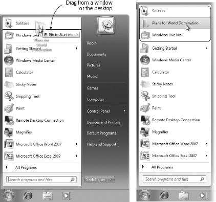 Left: You can add something to the top of your Start menu by dragging it onto the Start button to open the Start menu, and then dragging it into position. (You can also drag it onto the All Programs link and then anywhere in that list.)Right: When you release the mouse, the item is happily ensconced where you dropped it. Remember, too, that you’re free to drag anything up or down in the “free” areas: the circled area shown here, and the All Programs list. (One exception: when alphabetical sorting is on.)