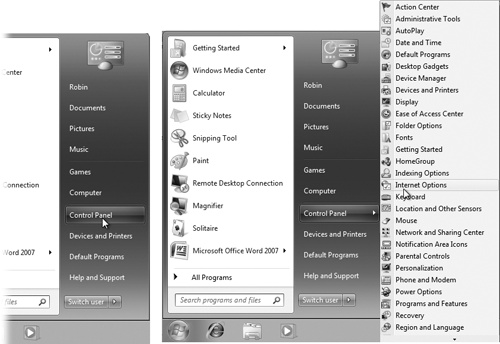 Left: When “Display as a link” is selected for Control Panel, you can’t open a particular Control Panel program directly. Instead, you must choose Start→Control Panel, which opens the Control Panel window; then it’s up to you to open the program you want.Right: Turning on “Display as a menu” saves you a step; you now get a submenu that lists each Control Panel program. By clicking one, you can open it directly.