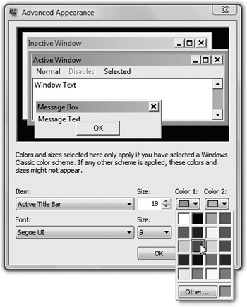 Click a part of the View pane (Desktop, Scrollbar, and so on). Then use the menus to choose colors and type sizes for the chosen interface element.