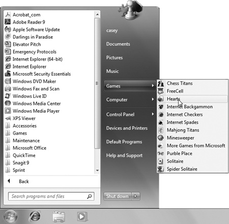 Some All Programs menu items have submenu folders and sub-submenu folders. As you move through the layers, you’re performing an action known as “drilling down.” This phrase shows up a lot in manuals and computer books—for example, “Drill down to the Calculator to crunch a few quick numbers.”