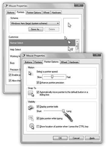 Left: The Pointers dialog box, where you can choose a bigger cursor (or a differently shaped one).Right: The Pointer Options tab. Ever lose your mouse pointer while working on a laptop with a dim screen? Maybe pointer trails could help. Or have you ever worked on a desktop computer with a mouse pointer that seems to take forever to move across the desktop? Try increasing the pointer speed.