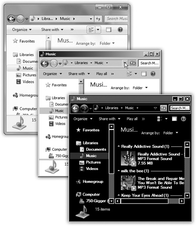 Most people with fast enough computers use the Aero look of Windows (top). But your computer may look different, especially if you’ve turned on one of the other styles—like Windows Classic (middle) or a high-contrast theme (bottom)—or if you’re running a netbook that has Windows Starter Edition installed.