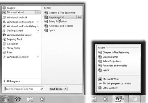 Jump lists display the most recently opened documents in each program. These submenus show up in the Start menu (left), but they also sprout from the taskbar when you right-click a program’s icon there (right).