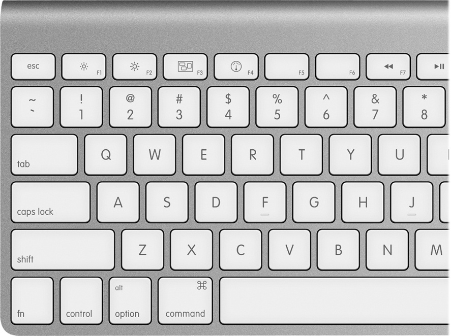 On the top row of aluminum Mac keyboards, the F-keys have dual functions. Ordinarily, tapping the F1 through F4 keys correspond to Screen Dimmer, Screen Brighter, ExposÃ©, and Dashboard. Pressing the Fn key in the corner changes their personalities.