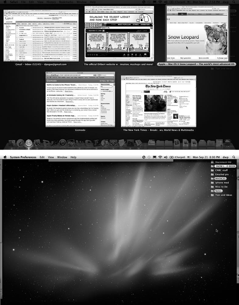 Top: When you trigger one-app ExposÃ©, you get a clear shot at any window in the current program (Safari, in this example). In the meantime, the rest of your screen attractively dims, as though someone has just shined a floodlight onto the windows of the program in question. Itâs a stunning effect.Bottom: Trigger desktop ExposÃ© when you need to duck back to the desktop for a quick administrative chore. Hereâs your chance to find a file, throw something away, eject a disk, or whatever, without having to disturb your application windows.In either case, tap the same function key again to turn off ExposÃ©. Or click one of the window edges, which you can see peeking out from all four edges of the screen.