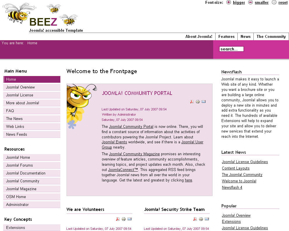 The Beez template with sample data