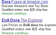 Amazon.com ad for the search term “Dora Dolls”
