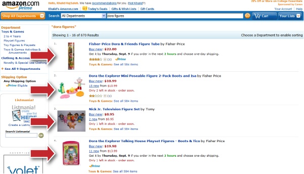 Amazon.com original landing page for the search term “Dora Dolls”
