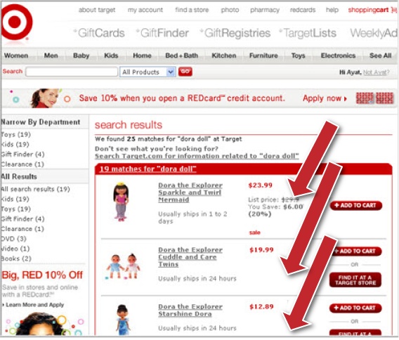 Target.com landing page for the search term “Dora Dolls”