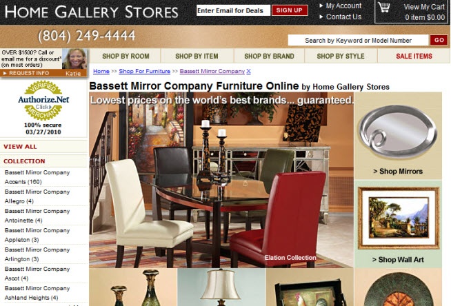 Bassett Mirror Company category page on HomeGalleryStores.com