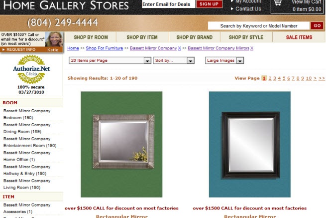 Bassett Mirror Company Mirrors subcategory page on HomeGalleryStores.com