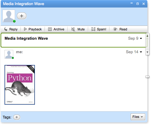 Using Google image search, we added a nice book cover image (for a nice programming language) to our wave.
