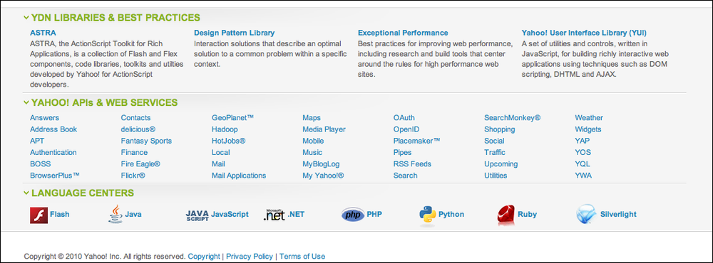 Yahoo! Developer Network page footer