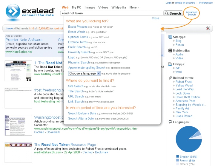 Exalead’s integrated Help and Advanced Search