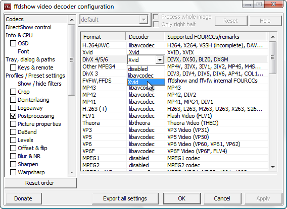 When more than one codec is installed for a specific video format, you can choose which one to use with FFDShow Video Decoder Configuration Tool