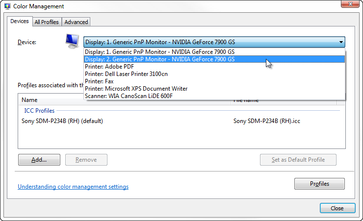 The Color Management window is a new, central interface for installing and configuring ICC profiles in Windows 7