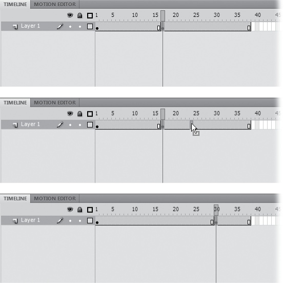 Top: Click to select the frame you want to move, and then let go of your mouse. Then drag to move the frame.Middle: As you make the move, Flash displays a highlighted frame, or a group of frames if you selected more than one.Bottom: Here, you can tell the frame moved to Frame 30 because the keyframe and end frame indicators have disappeared from their original locations (Frames 16 and 17) and reappeared in their new locations (Frames 29 and 30).
