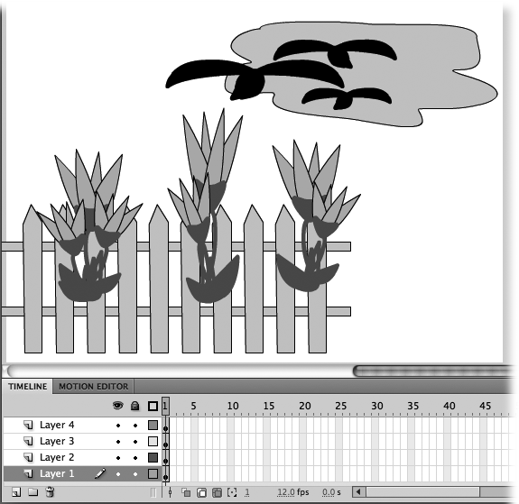 Here’s what the composite drawing for Frame 1 looks like: the fence, the flowers, the cloud, and the birds, all together on one stage. Notice the display order: The flowers (Layer 2) appear in front of the fence (Layer 1), and the birds (Layer 4) in front of the cloud (Layer 3). You can change the way these images overlap by rearranging the layers, as you see on page 139.