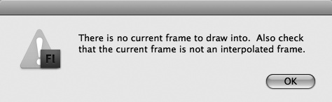 If you try to draw on the stage when you’ve selected a folder instead of a layer, Flash lets you know in no uncertain terms. (An interpolated frame is a tweened frame; as you learned in Chapter 3, you can’t place images in a tweened frame, either.)