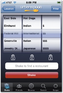 Urbanspoon uses a tab bar to offer five different ways to approach a restaurant search. The screens for the Shake, Browse, and Scope tabs are shown here from left to right.