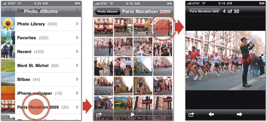 Facebook (top) uses icons in its main screen to represent the app’s primary features. The built-in Photos app (bottom) uses thumbnail images to represent individual photos in the album view.
