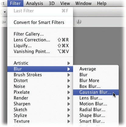 Choosing Filter→Blur→Gaussian Blur takes you to the menu item shown here.