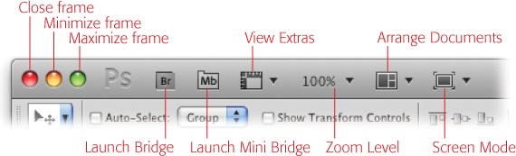 The Application bar gives you quick access to both Bridge and Mini Bridge (see Appendix C, online), as well as the Arrange Documents (page 67), Zoom level (page 60), and Screen Mode (page 16) options.In the Windows version of Photoshop CS5, the Application bar is also home to all the program’s main menus (File, Edit, Image, Layer, and so on); in the Mac version, those menus appear at the top of your screen instead.