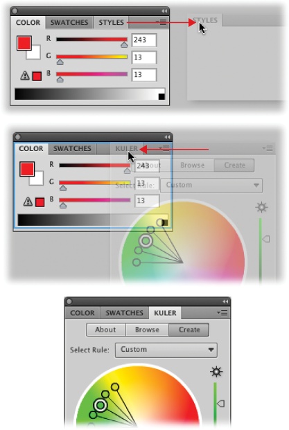 Top: You can remove panels you don’t use to free up space. For example, if you never use the Styles panel (and you probably won’t use it much), drag it out of the panel group and close it.Middle: When you’re dragging a panel into a panel group, wait until you see a blue line around the inside of the group before you release your mouse button. Here the Kuler panel is being added to a panel group.Bottom: When you release your mouse button, the new panel becomes part of the group. To rearrange panels within a group, drag their tabs left or right.