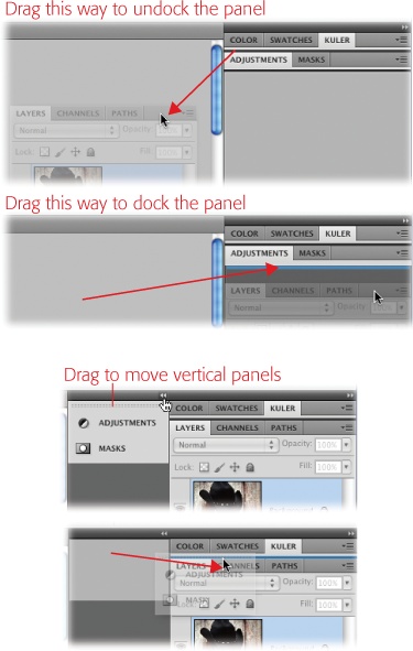 Top: To undock a panel or panel group, grab a free area to the right of the tabs at the top of the panel and drag it somewhere else on your screen. To dock it again, drag it to the right side of your screen—on top of the other panels. When you see a thin blue line appear where you want the panel or group to land, release your mouse button.Bottom: You can move vertically collapsed panels in the same way, but you grab them by the row of tiny dots that appears at the top (shown here).