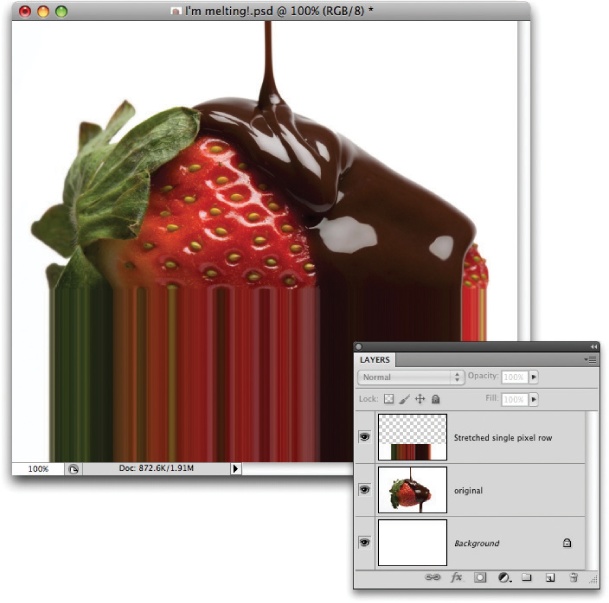 To achieve the melting strawberry look shown here, start by using the Single Row Marquee to select a row of pixels. Then “jump” the selection onto its own layer by pressing ⌘-J (Ctrl+J on a PC). Next, summon the Free Transform tool by pressing ⌘-T (Ctrl+T), and drag one of the square, white center handles downward.Unfortunately you can’t get to the Single Row and Single Column Marquee tools with a keyboard shortcut; you’ve got to activate them in the Tools panel instead.