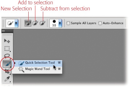 When you activate the Quick Selection tool, the Options bar sports buttons that let you create a new selection and add to or subtract from the current selection.You can press the W key to activate the Quick Selection tool. To switch between it and the Magic Wand, press Shift-W.