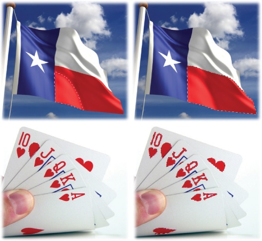Top: Say you’re trying to select the red part of this Texas flag. After clicking once with the Magic Wand (with a tolerance of 32), you still need to select a bit more of the red (left). Since the red pixels are all touching each other, you can run the Grow command a couple of times to make Photoshop expand your selection to include all the red (right).Bottom: If you want to select the red in these playing cards (what a poker hand!), the Grow command won’t help because the red pixels aren’t touching each other. In that case, click once with the Magic Wand to select one of the red areas (left) and then use the Similar command to grab the rest of them (right). Read ‘em and weep, boys!