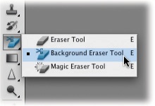 You may never see these tools because they’re hidden inside the same toolset as the regular Eraser tool. Just click and hold the Eraser tool until the little pop-up menu appears. Pick an eraser based on how you want to use it: You drag to erase with the Background Eraser (as if you were painting, which is great for getting around the edges of an object), whereas you simply click with the Magic Eraser.