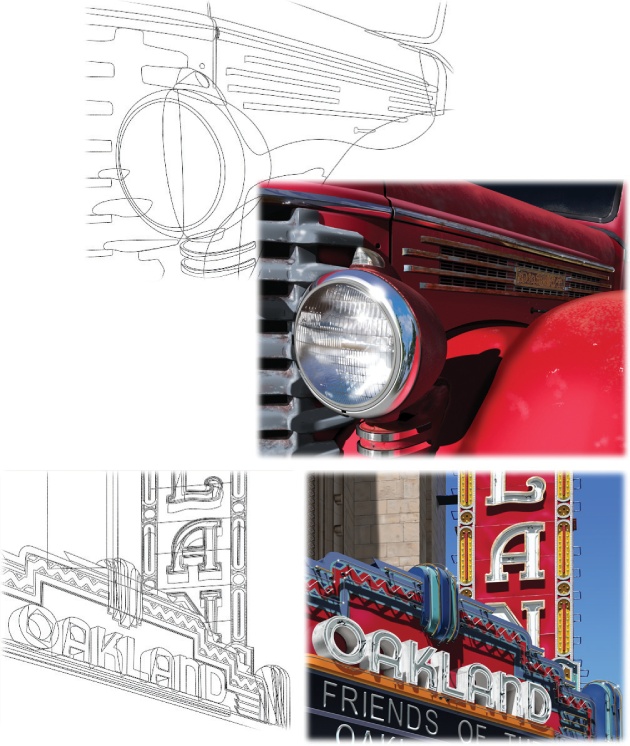 Top: Here you can see the paths that make up the basic shapes of this digital painting by Bert Monroy called “Red Truck.” You read that correctly: it’s not a photograph—Bert drew every detail by hand. He created the basic shapes using the Pen tool, and then filled in the details with the Brush tool. Instead of a mouse, he used a Wacom interactive pen display (a monitor you can draw directly on; see www.wacom.com/cintiq). Bottom: This wire-frame drawing (called “Oakland” and also by Bert) is even more complex. If you look closely, you can make out the shapes he created with the Pen tool to make the neon tubes and the sockets that the tubes go into. Now that’s something to aspire to! You can see more of Bert’s amazing work at www.bertmonroy.com.