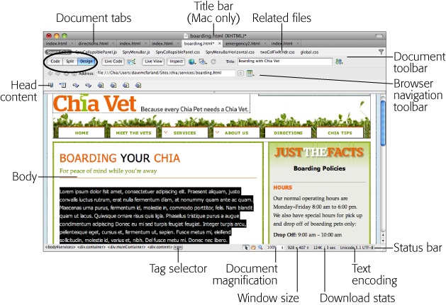 A document window like this represents each web page; here’s where you add text, graphics, and other objects as you build a page. The status bar at the bottom of the window provides some useful information. It shows you how quickly the page will download and the way the page encodes text—“encoding” refers to the characters the computer uses to represent text onscreen. Today’s web pages use UTF-8, which lets you include lots of different characters—including letters from non-Latin based languages. On page 76, you’ll see how UTF-8 lets you easily include fancy typographic characters—like that em-dash you just passed and real ellipses.