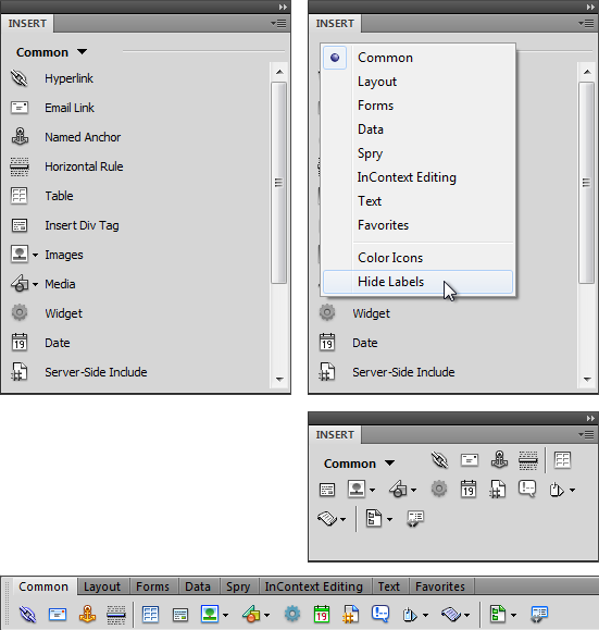 The Insert panel has many faces and, depending on how large your monitor is, several space-saving techniques for displaying it. Normally, the Insert panel displays the objects under each drop-down menu category in a single list with an icon and a name—for example, the picture of an envelope and the label “Email link” (top left). Unfortunately, this tall list takes up a lot of screen real estate. You can display the Insert panel’s buttons in a more compact way by hiding the labels. When you choose Hide Labels from the panel’s category menu (top right image), Dreamweaver displays the icons side by side in rows, taking up a lot less space (middle right image). Finally, you can turn the Insert panel into an Insert bar that appears above the document window instead of grouped with the right-hand panels; this space-saving option is a favorite among many Dreamweaver users. To get the Insert toolbar, choose Classic from the Workspace switcher menu (see Figure 1-6).