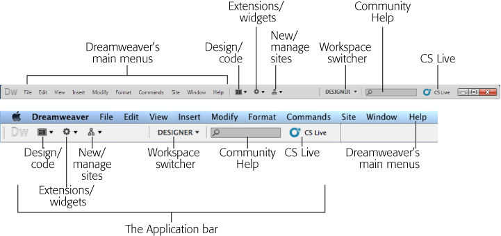 Dreamweaver’s Application bar looks slightly different on Windows (top) and Macs (bottom).