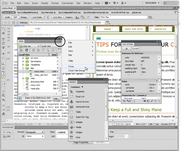 Here, the Files, Insert, and CSS Styles panels are floating. Each panel has its own Context menu icon (circled on Files panel at left side of image). Clicking the button reveals a shortcut menu that lets you work with features specific to that panel. This menu also offers generic panel actions, such as closing the panel. If you find you’ve made a mess of your workspace and want to return to the way Dreamweaver normally lays out its panels, use the Workspace switcher discussed in “Workspace Layouts”.