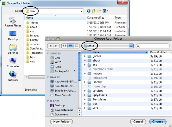 The dialog box for selecting a folder in Windows (top) is pretty much the same as the one for Macs (bottom). You can verify which folder you’re about to select by looking in the Select field for Windows (circled in top image) or in the path menu on a Mac (circled in bottom image).