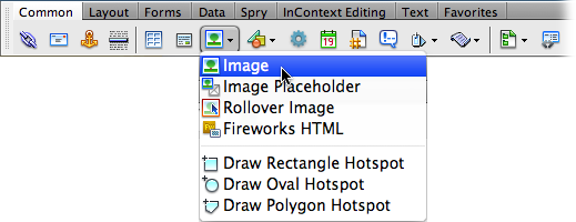 Some of the buttons on Dreamweaver’s Insert bar do double duty as menus (the ones with the small, black, down-pointing arrows). Once you select an option from the menu (in this case, the Image object), it becomes the button’s current setting. If you want to insert the same object again (in this case, an image), you don’t need to use the menu again—just click the button.