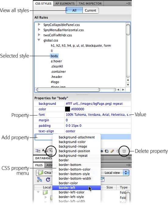 The CSS Styles panel has two views: All (shown here) and Current. The Properties pane is available in both views, but you access it slightly differently when you’re in Current view (see Figure 8-9). With the All button selected, as it is here, you can click any style from the list of CSS styles (“body” in this case) and use the Properties pane to add and edit properties. The “Show only set properties” view of the Properties pane, which you access by clicking the icon circled in this figure, provides a clear view of a particular style’s properties. You can quickly see which CSS properties the style uses, and delete or edit them. You can also add a new property by clicking the Add Property link (hidden behind the pop-up menu) and selecting the new property’s name from the CSS property menu.