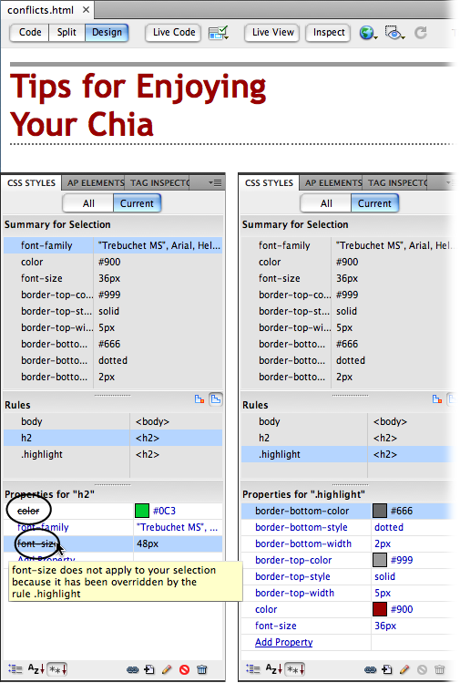 Selecting the Current view of the CSS Styles panel lets you easily view all the properties applied to the currently selected item—in this example it’s the headline (an <h2> tag) pictured at top. A line (circled in the left corner of the panel below) strikes out properties from a style that don’t apply to the headline. In this case, the font-size and color properties in the.highlight class style override the same properties in the less specific h2 style (bottom left).
