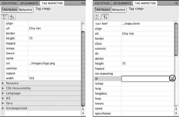 Dreamweaver’s Tag inspector lets you edit every property of every tag on a page. What it lacks in user-friendliness—you need to know a lot about HTML to use it correctly—it makes up for in comprehensiveness. It has two faces: Category view (left) and List view (right). The List view is just that: a list of all properties for the selected tag. The Category view imposes a bit of order on this mess, by organizing the different properties into related categories. You can even set a property value dynamically, based on information retrieved from a database, using the lightning bolt button (circled). (Of course, you must first learn how to build dynamic websites by reading Part Six of this book.)
