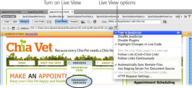 When you’re in Live View, Dreamweaver lets you “freeze” a JavaScript effect, like a drop-down menu, by pressing the F6 key or choosing Freeze JavaScript from the Live View Options menu. Use this feature with BrowserLab preview to see how a dynamic JavaScript effect (like the drop down menu circled here) looks in different browsers.