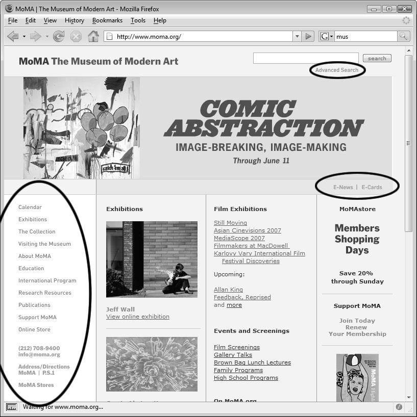 Library items are great for small chunks of HTML that you use frequently on a site. Here, on an old version of The Museum of Modern Art’s home page, many of the navigation options on the page (circled) are Library items. If the Museum needed to add or remove a navigation link, they could update the Library item to change every page on the site in one simple step. In fact, since a Library item is a chunk of HTML, the left-hand navigation bar could be replaced with a Flash movie, plain-text links (instead of graphics), or any other valid HTML code.