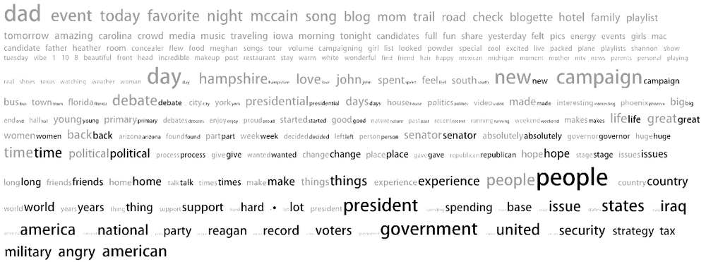 Comparative tag cloud of two McCain blogs: John’s (in dark text) and Meghan’s (in light text)