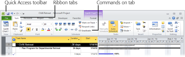When you launch Project, the program goes to the File tab. However, each tab has sections that group related commands. For example, on the Task tab, the Schedule section has commands for working with your schedule, like changing outline levels, linking tasks, and updating progress.
